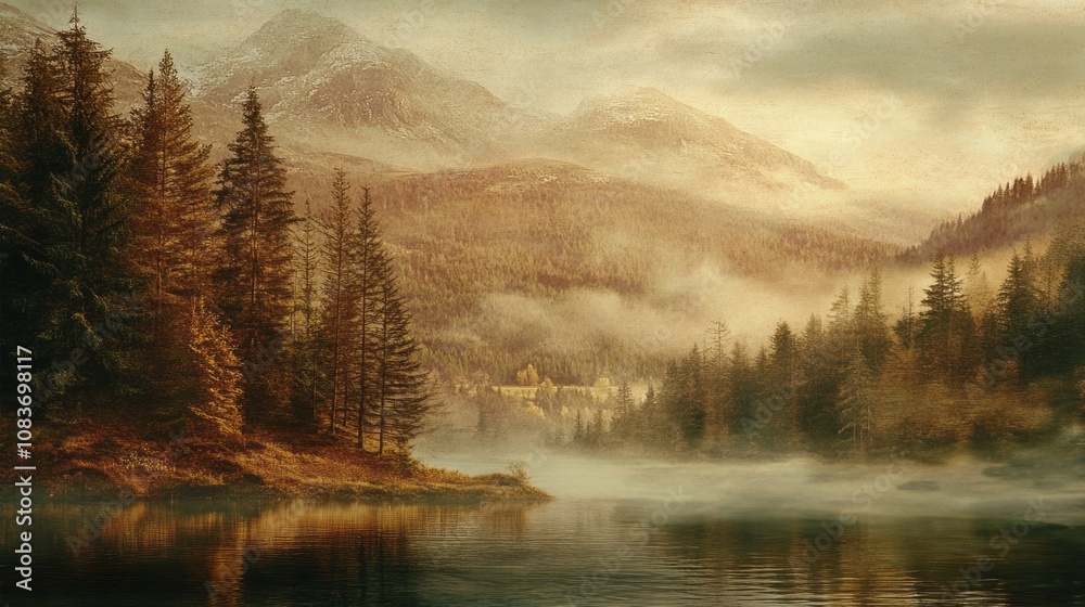 Poster a painting of a forest with a lake in the background