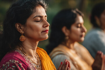 Fototapeta premium peaceful meditation gathering with middle aged indian women engaged in mindful practices outdoors. mindfulness poster, self-care, relaxation and balanced lifestyle focused on health and wellness