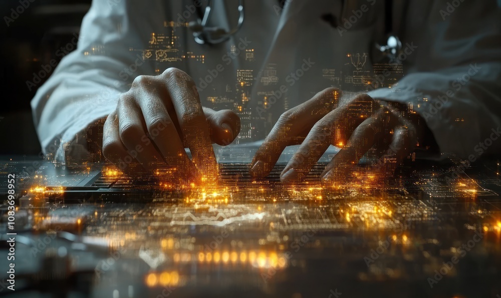 Poster doctor's hands typing on a keyboard with a cityscape overlay