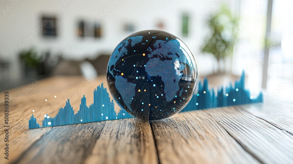 Fototapete a digital globe resting on a wooden table with a blue data visualization