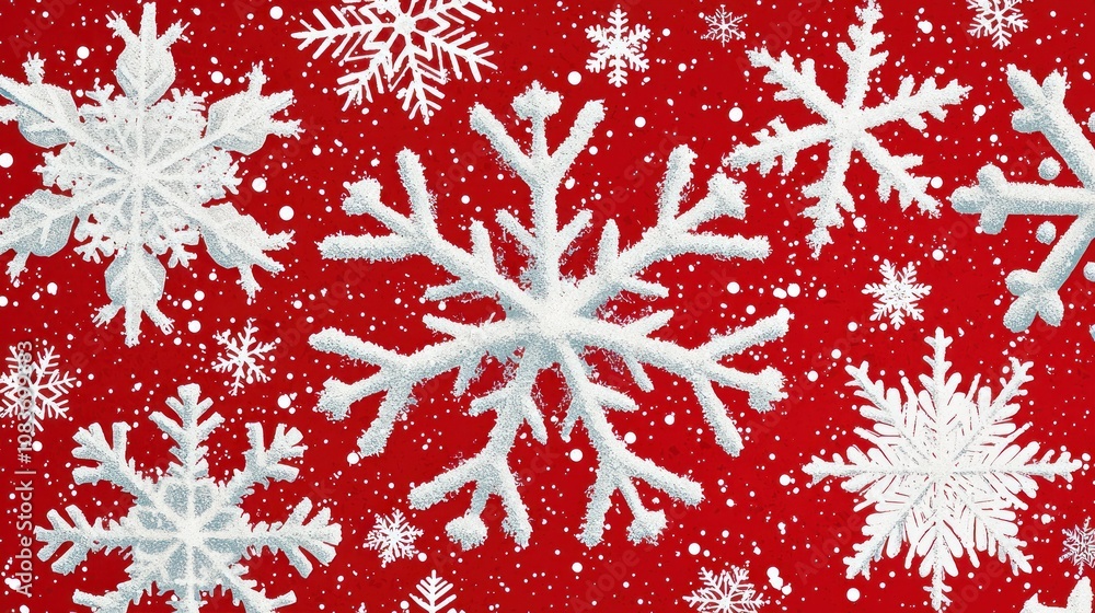 Poster white snowflakes on a red background with snow