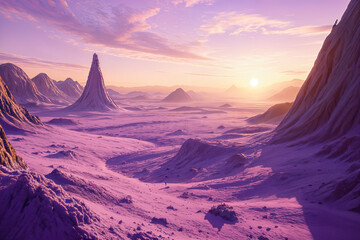 Breathtaking landscape of a desert-like terrain with purple mountains and rock formations under a pink sky, possibly during sunrise or sunset.