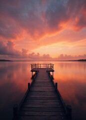 A long wooden pier extending into a body of water, with a dramatic cloudy sky reflected in the calm water below