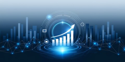 Dynamic Growth Chart with Network Connections. A futuristic, 3D graphic representation of a rising graph overlaid on a network of connections.