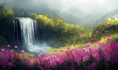 Naklejka premium Quiet Nook with Rosy Waterfall Flowing through a Serene Meadow