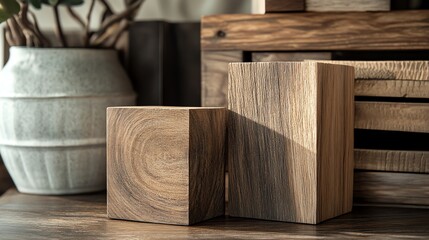 Minimal wooden blocks on a rustic table with natural lighting.