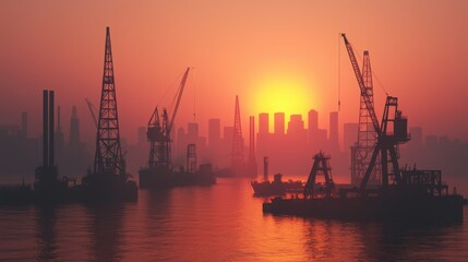 Fototapeta premium The image captures a serene sunset over a harbor, with silhouettes of cranes and buildings reflecting in the water.