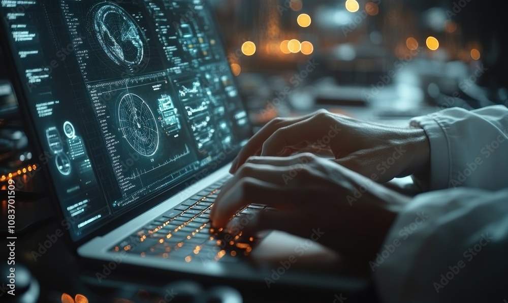 Aufkleber Close-up of Hands Typing on a Laptop with Futuristic Interface