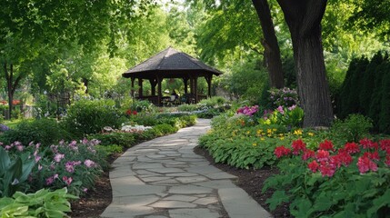 A beautiful garden path lined with flowering plants and trees. The stone walkway leads to a small gazebo where people can sit