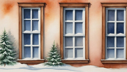 A winter scene featuring frosted windows and snow-covered trees in a cozy exterior watercolor style
