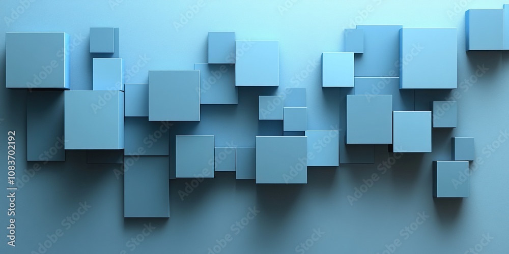 Poster abstract composition of blue cubes and rectangles on a light blue background