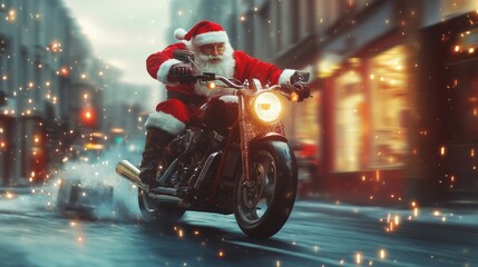 Obraz premium Unconventional biker Santa Claus riding a fast motorbike and delivering Christmas gifts