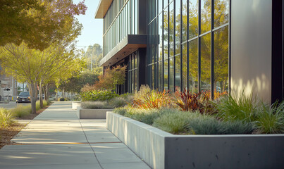 Fototapeta premium Industrial edge promenade featuring black steel-framed glass walls and modern concrete planters