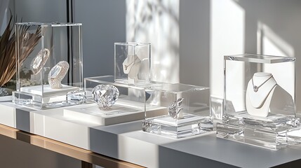 Elegant jewelry display with sunlight reflections on clear cases.