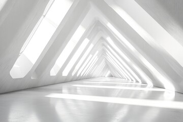 Obraz premium A White Hallway with Geometric Walls and a Brightly Lit Floor