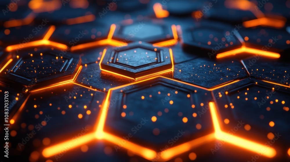 Poster Illuminated Hexagon Pattern with Orange Glowing Lines