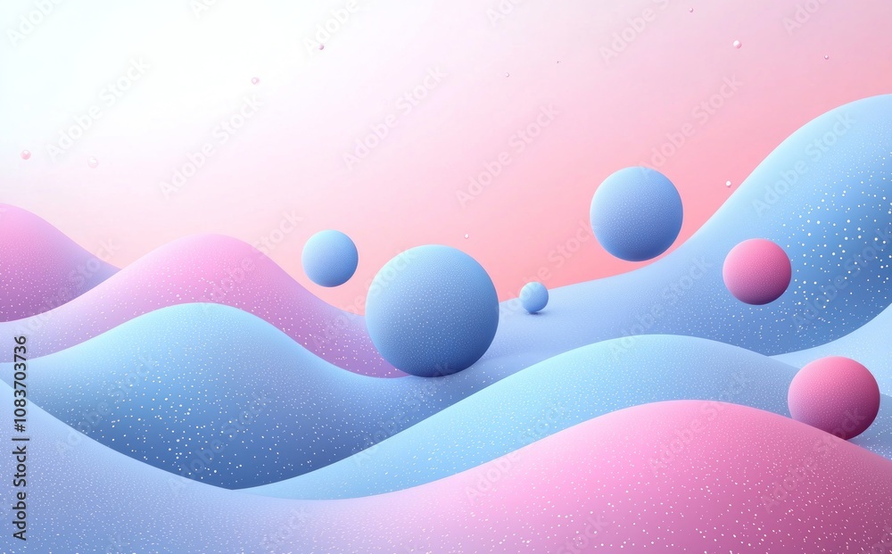 Poster abstract 3d rendering of pastel colored wavy shapes and spheres
