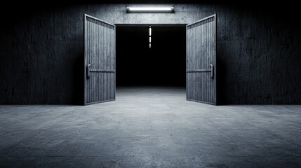 Obraz premium Dark Concrete Garage Interior Open Metal Doors Mysterious Entrance Industrial Background