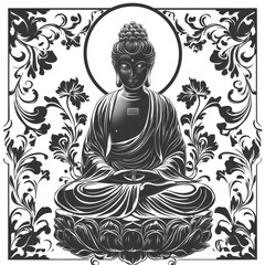 Art Nouveau style depiction of a Buddha, isolate on a white background, incorporating elegant curves and floral elements.