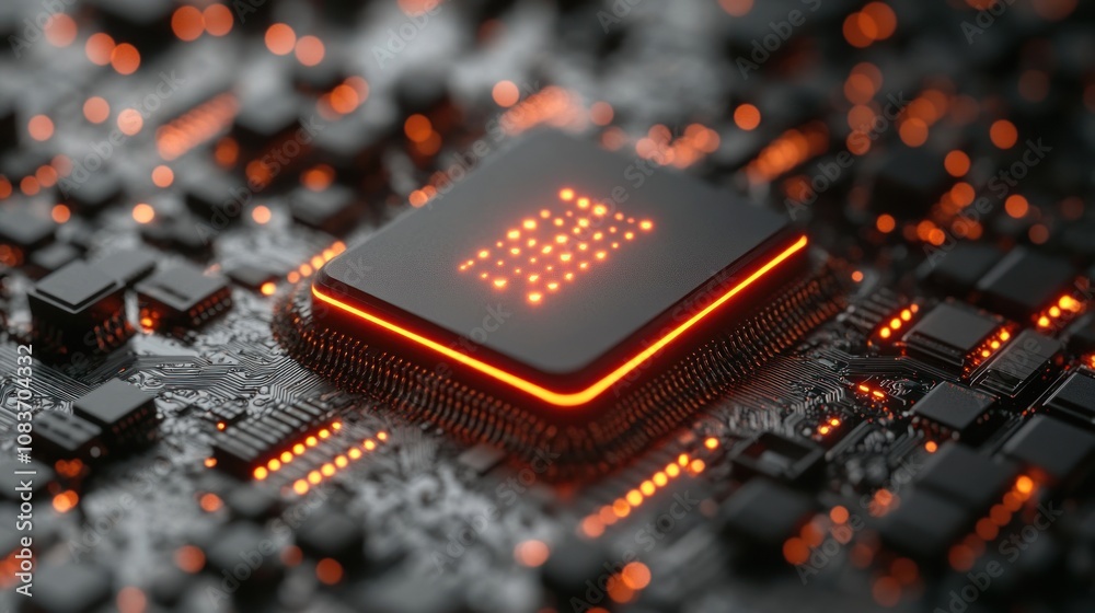 Poster illuminated cpu on a motherboard with orange glow