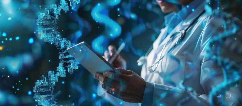 female scientist in a white coat writing on an iPad, a double helix DNA model floating around.