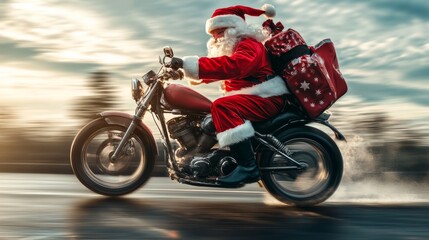 Obraz premium Unconventional biker Santa Claus riding a fast motorbike and delivering Christmas gifts