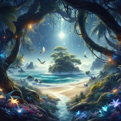 Enchanted Island Fantasy Landscape with Glowing Trees and Birds
