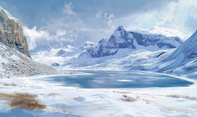 Obraz premium Open snow field with a high-altitude glacier lake and expansive winter mountain view