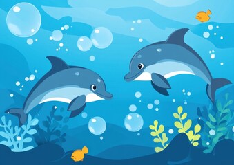 Obraz premium Two Dolphins Swimming in a Blue Ocean with Bubbles and Seaweed