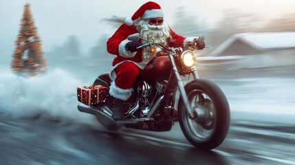 Fototapeta premium Unconventional biker Santa Claus riding a fast motorbike and delivering Christmas gifts