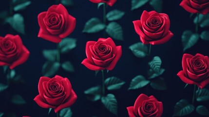 Fototapeta premium Lush Red Roses Dark Background 3D Render Floral Pattern Romantic Elegant Nature