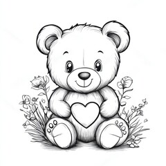Obraz premium Coloring. Teddy Bear vector illustration isolated on white background. Little bear cub sitting on white background. Valentine's Day. 