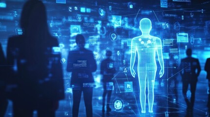 Fototapeta premium A human resources team working with AI to streamline the hiring process. The AI analyzes resumes, evaluates candidates' skills,