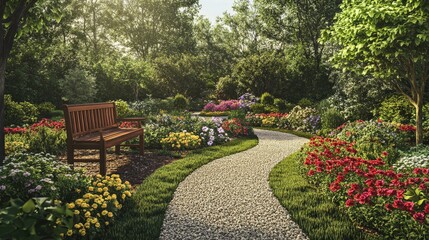 Fototapeta premium A backyard garden with a path lined with flowers and small trees. The centerpiece is a wooden bench, offering a spot to sit and enjoy the beauty of nature in the private, peaceful space