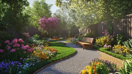 Fototapeta premium A backyard garden with a path lined with flowers and small trees. The centerpiece is a wooden bench, offering a spot to sit and enjoy the beauty of nature in the private, peaceful space