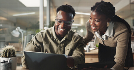 Teamwork, mentor and laptop with black people in office for planning, collaboration and coaching....
