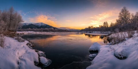 This image captures a serene winter landscape featuring a calm, partially frozen lake surrounded by snow-covered ground and trees
