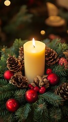 Warm candlelight in a festive holiday wreath with red ornaments and pine cones.