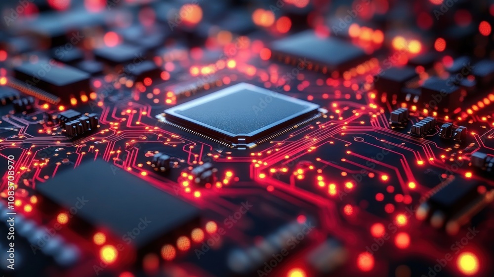 Poster Close-up of a computer circuit board with glowing red lines and a central processor.