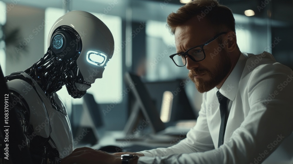 Poster a man is sitting at a desk with a robot