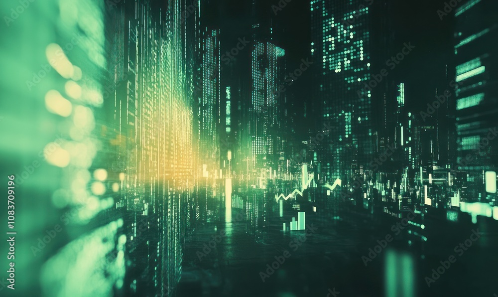 Aufkleber futuristic cityscape with abstract green lights and data streams