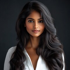 Fototapeta premium an attractive Indian woman with long, wavy hair, wearing a white blouse, against a solid background.