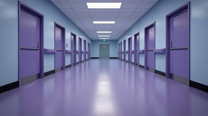 Obraz premium Long Purple Corridor Interior Hospital Doors Healthcare Modern Architecture