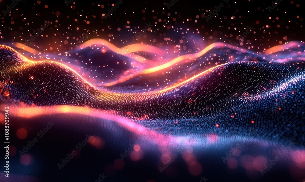 Poster abstract digital landscape with glowing particles and bokeh effects