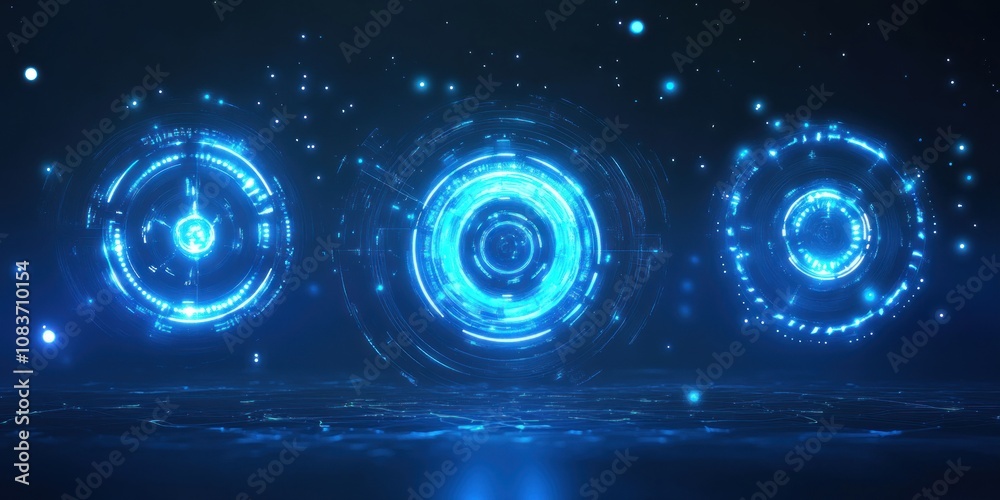 Poster three glowing blue circular interfaces on a dark blue background