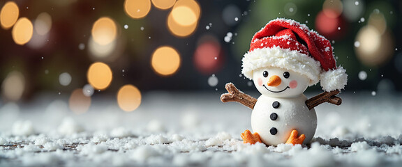 Obraz premium Cheerful snowman with Santa hat in snowy scene