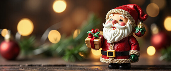 Obraz premium Santa Claus figurine with gift against festive background