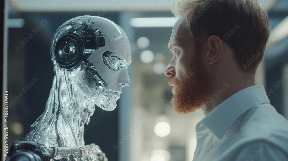 Poster A man is standing in front of a robot with a beard