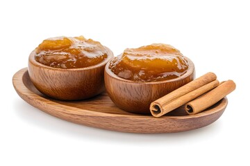 Two bowls of fruit jam with cinnamon sticks.