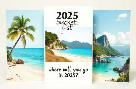 Inspiring travel plans for 2025 displayed with tropical beach images and a palm tree